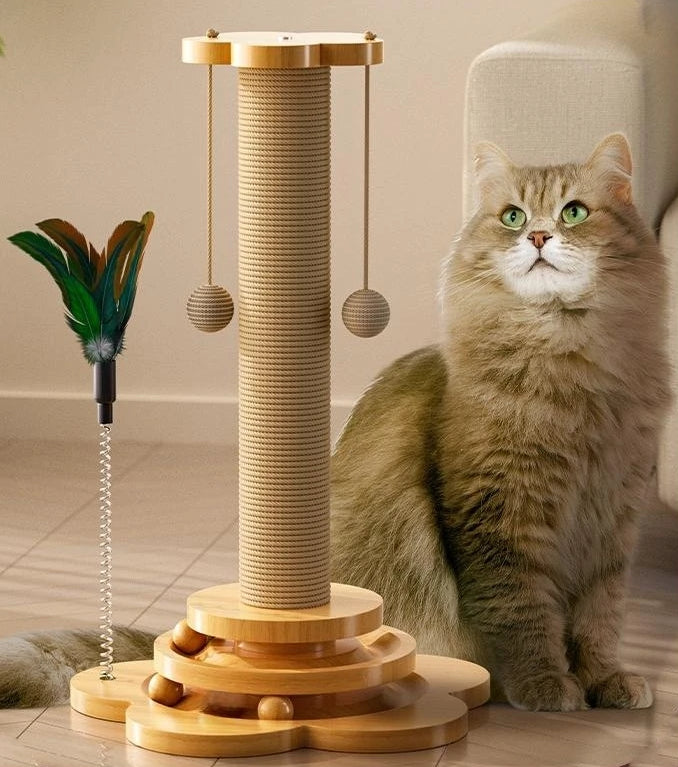 PawSpire – Natuurlijke Houten Katten Krabpaal met Interactieve Speelaccessoires
